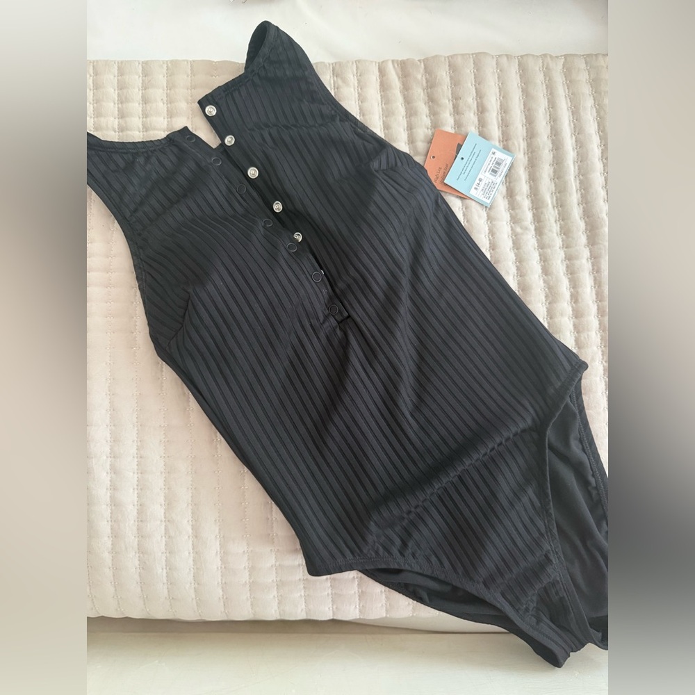 Shade & Shore Black Ribbed One-Piece Swimsuit with Front Buttons